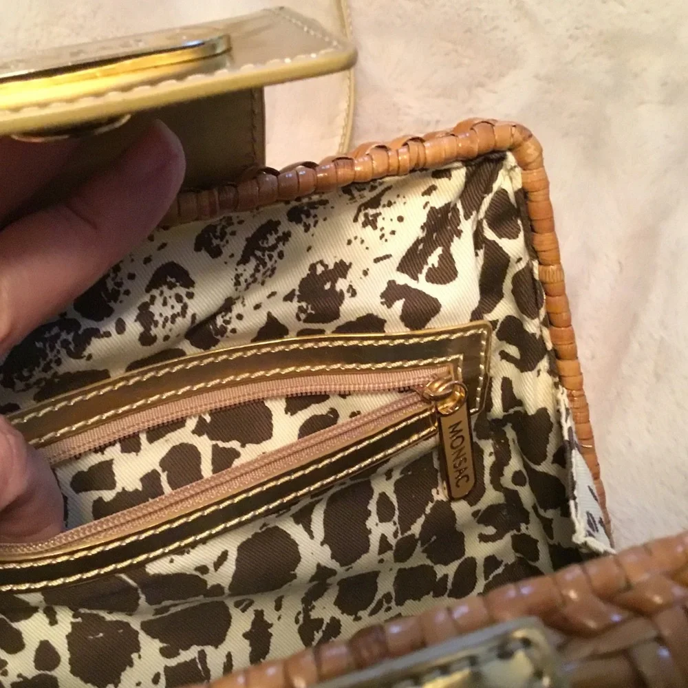 Monsac Wicker & Gold Patent Leather Shoulder/Crossbody Bag